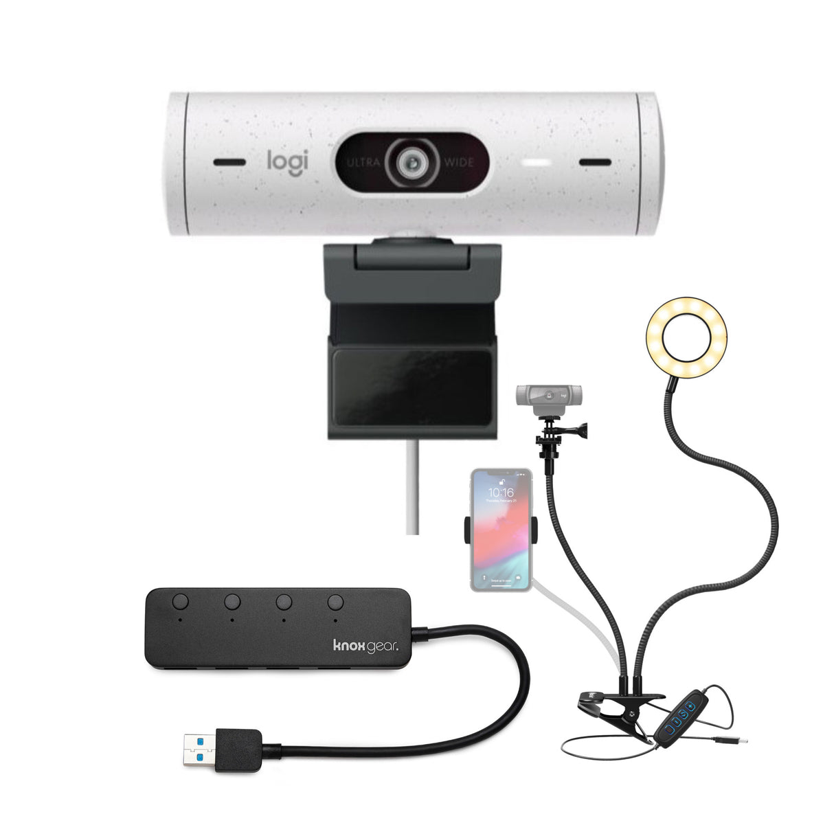 Logitech Brio 500 Webcam with Selfie Ring Light Stand and USB Hub (Off-White)