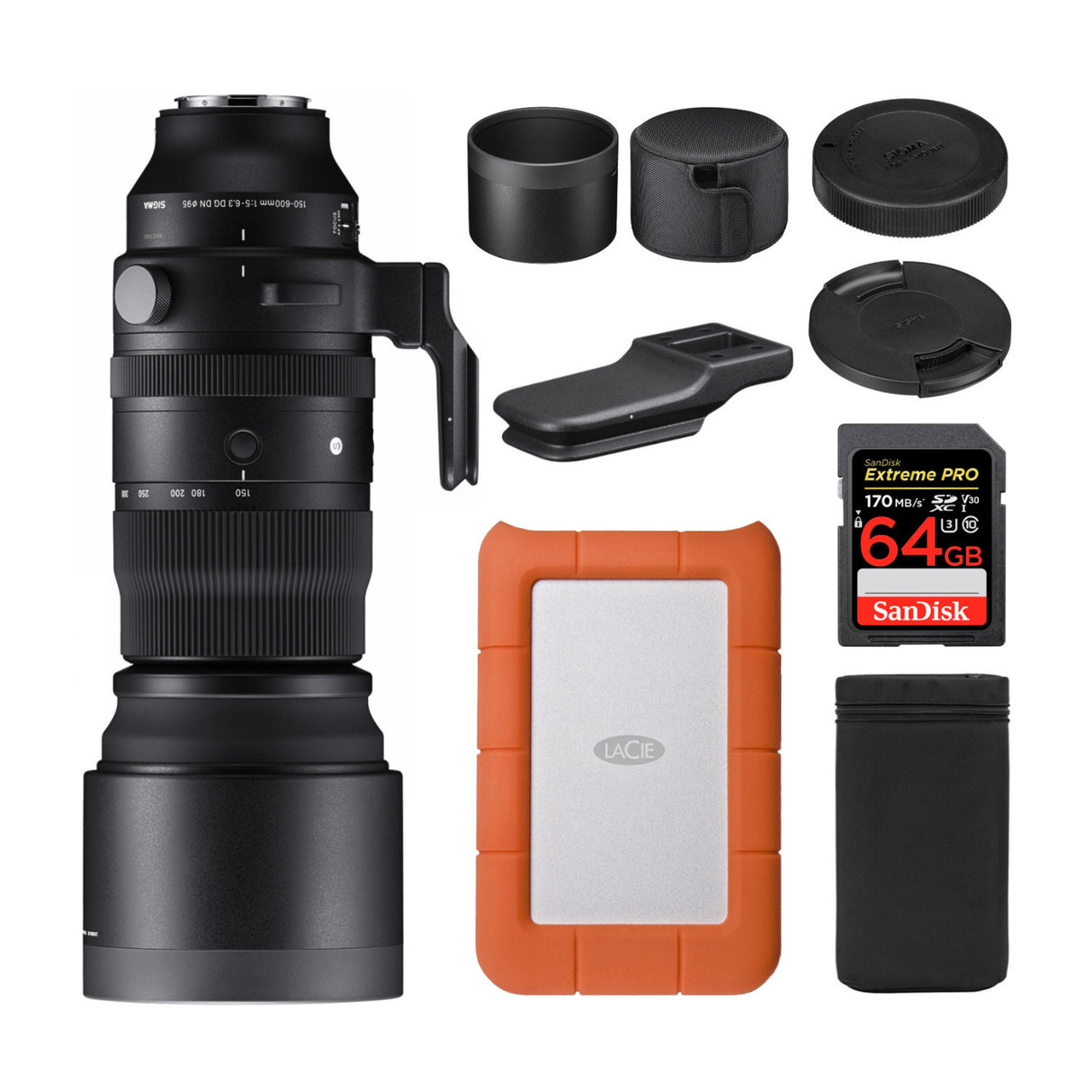 Sigma 150-600mm f/5-6.3 DG DN OS Sports Zoom Lens for Sony E with 1TB Hard Drive and 64GB SD Card