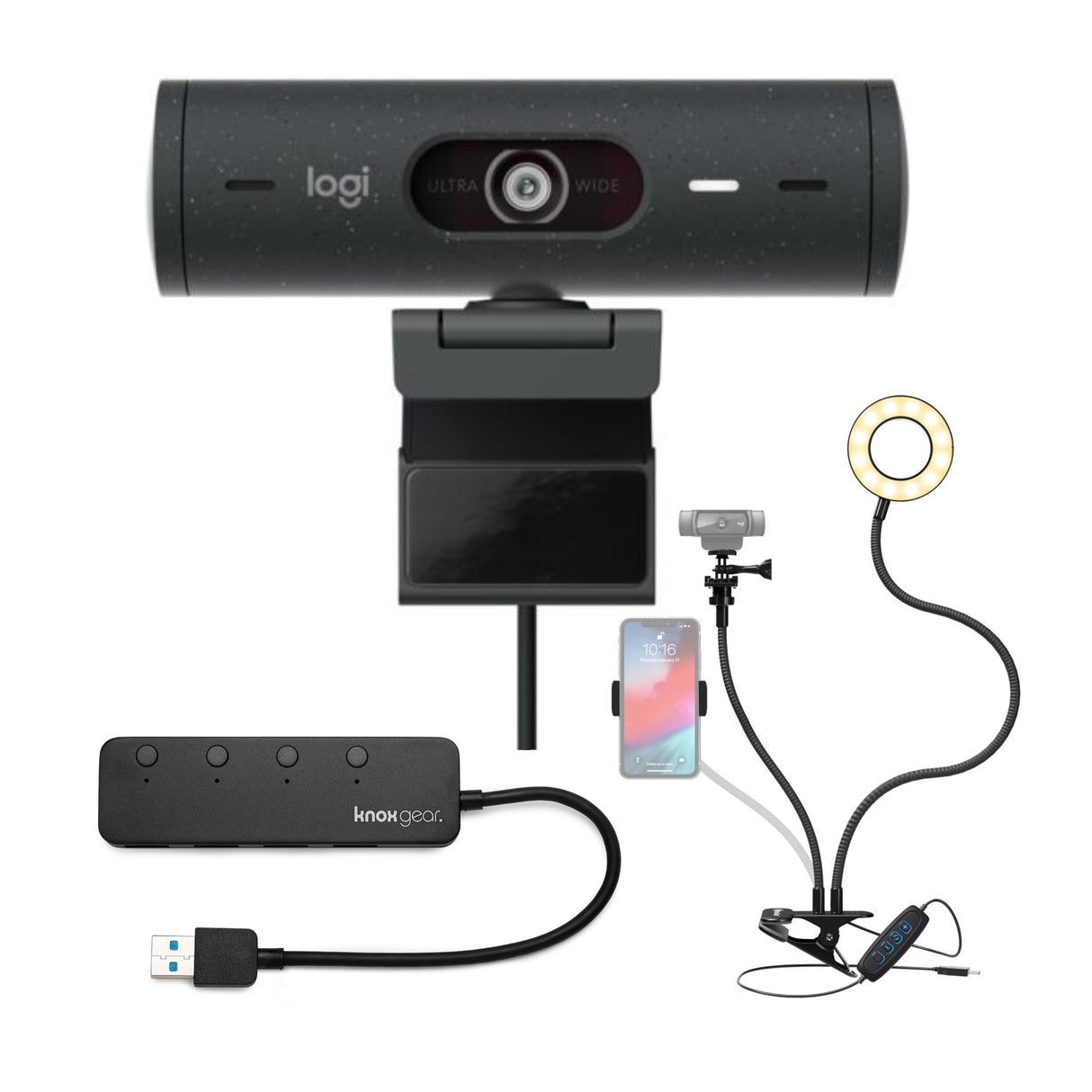 Logitech Brio 500 Webcam with Selfie Ring Light Stand and USB Hub (Graphite)