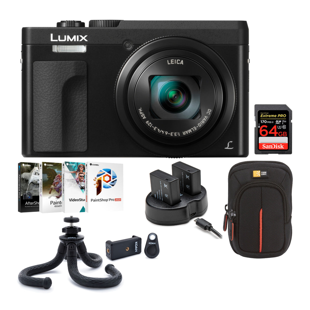 Panasonic LUMIX DC-ZS70 20.3MP 4K Digital Camera (Black) with Memory Card and Dual Charger Bundle