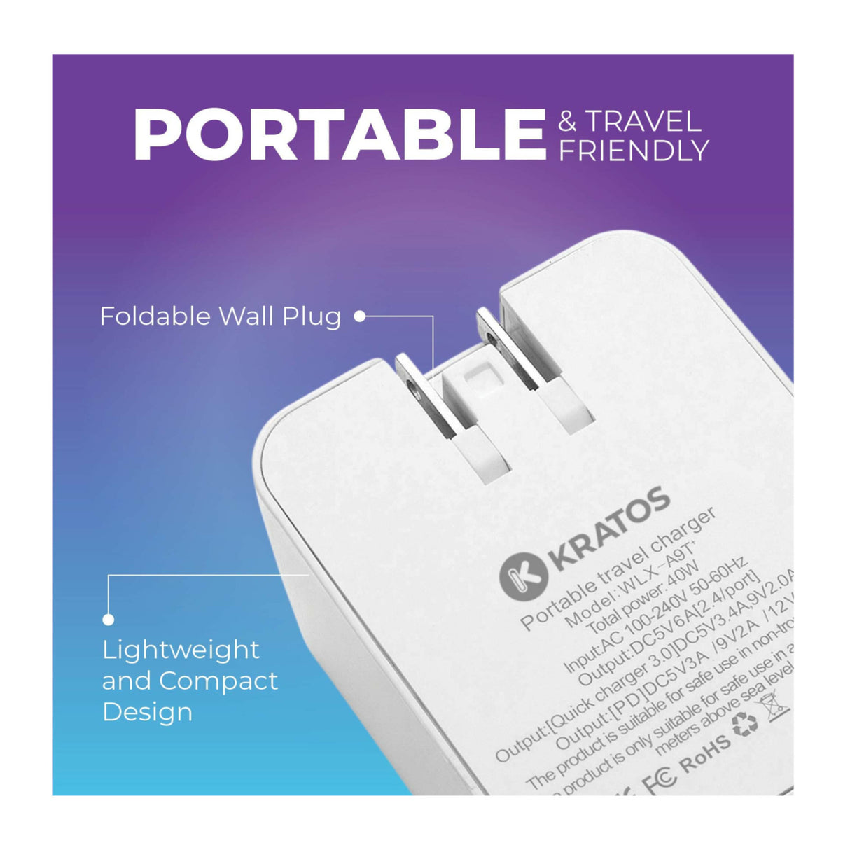 Kratos Power 40W QC3.0/PD3.0 4-Port USB Wall Charger with Digital Display and Foldable Plug