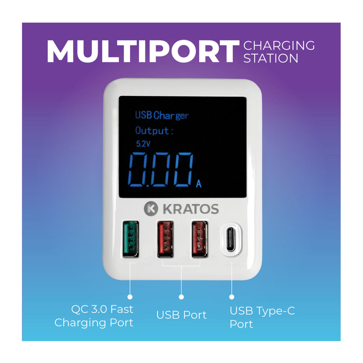 Kratos Power 40W QC3.0/PD3.0 4-Port USB Wall Charger with Digital Display and Foldable Plug