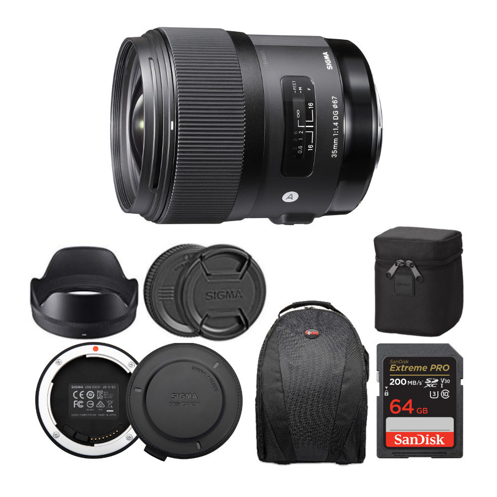 Sigma 35mm f/1.4 DG HSM ART Lens for Nikon with USB Dock and 64GB SD Card Bundle