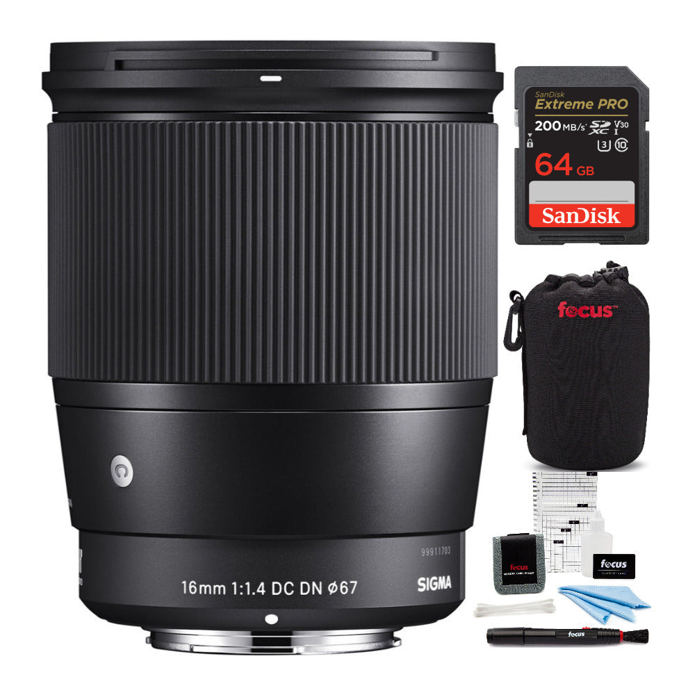 Sigma 16mm f/1.4 DC DN Contemporary Lens for Micro Four Thirds with 64GB Card and Pouch Bundle