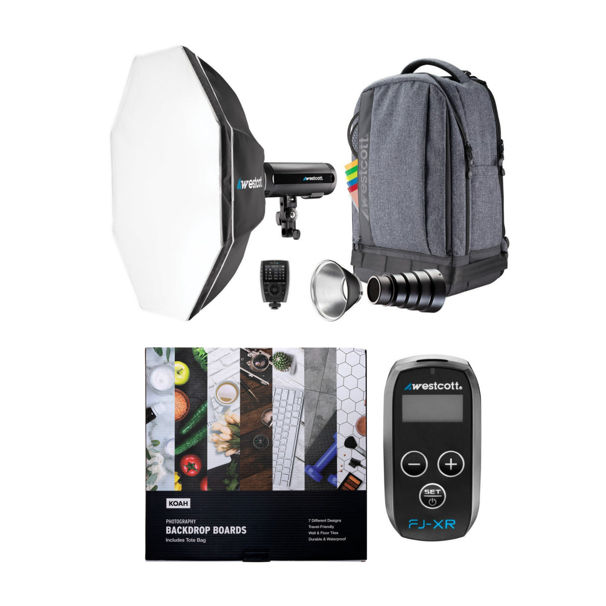 Westcott FJ200 Strobe 1-Light Backpack Kit and FJ-X3M Wireless Trigger with Backdrop Boards Bundle