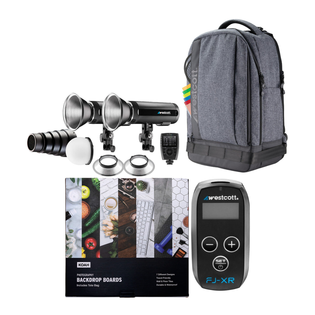 Westcott FJ200 Strobe 2-Light Backpack Kit with FJ-X3 S Wireless Trigger with Backdrop Boards Bundle