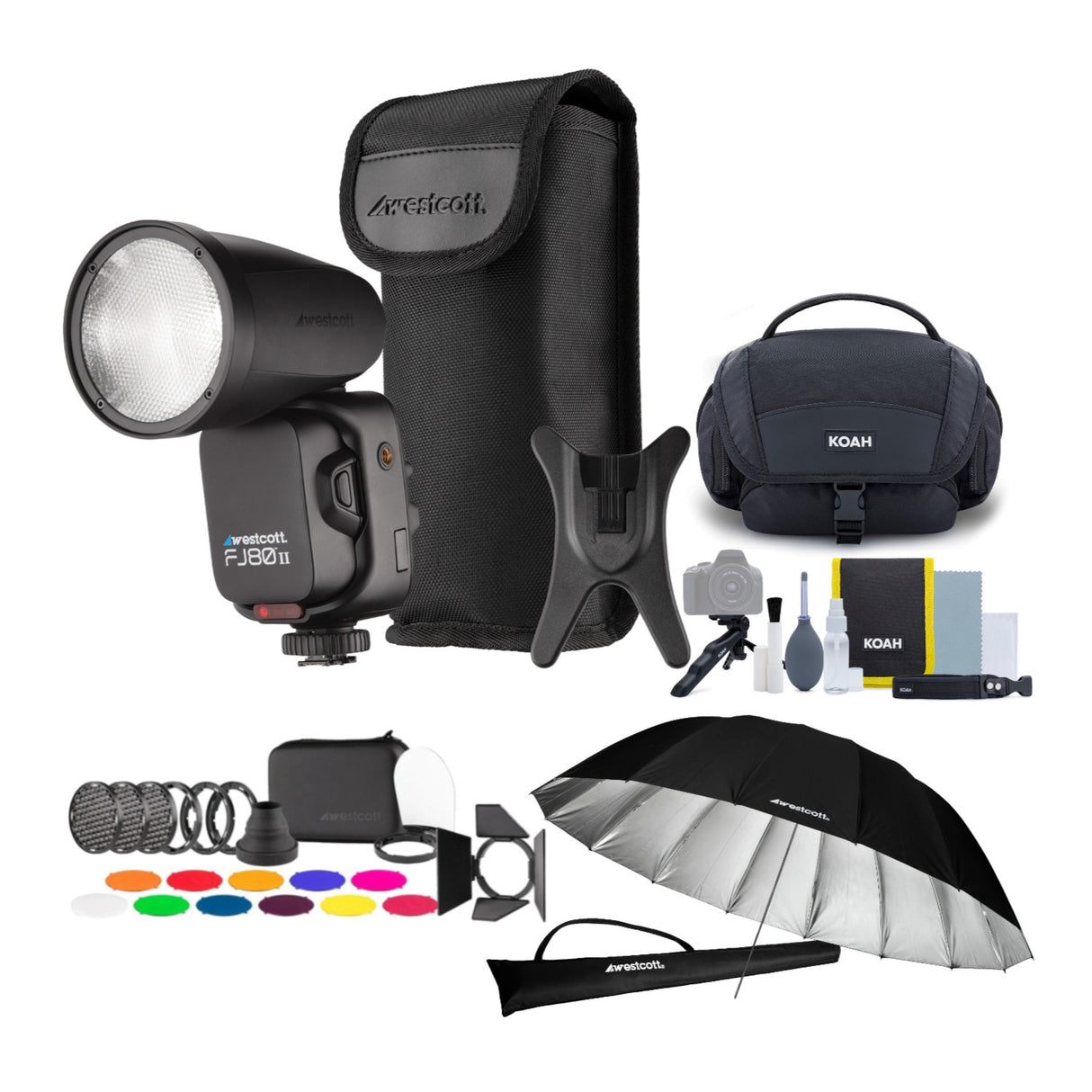 Westcott FJ80 II S Touchscreen 80Ws Speedlight with Sony Camera Mount with 7-Feet Umbrella Bundle