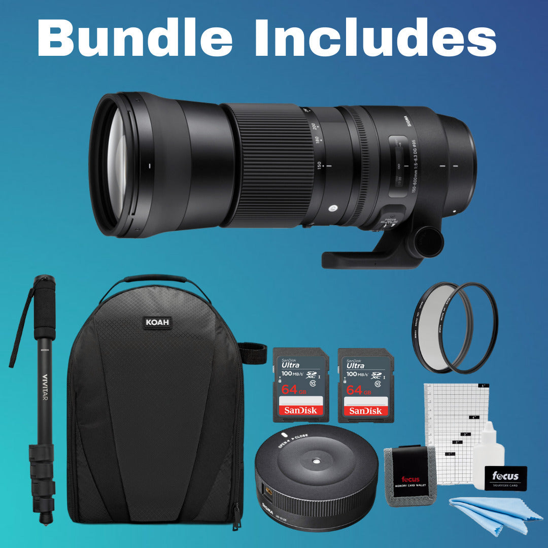 Sigma 150-600mm f/5-6.3 DG OS HSM Contemporary Lens for Nikon with USB Dock and 64GB SD Cards Bundle