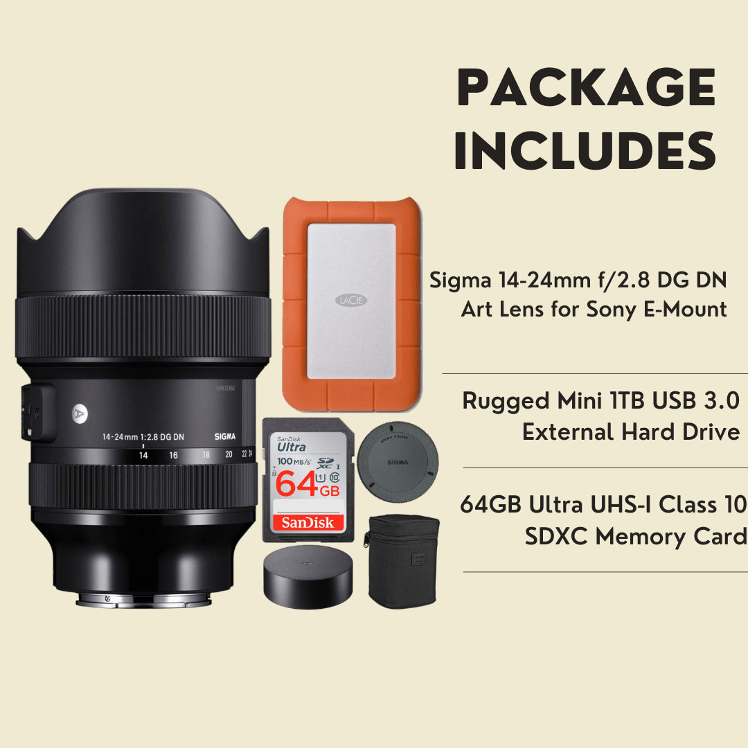 Sigma 14-24mm f/2.8 DG DN Art Lens for Sony E-Mount with 1TB Hard Drive and 64GB SD Card Bundle
