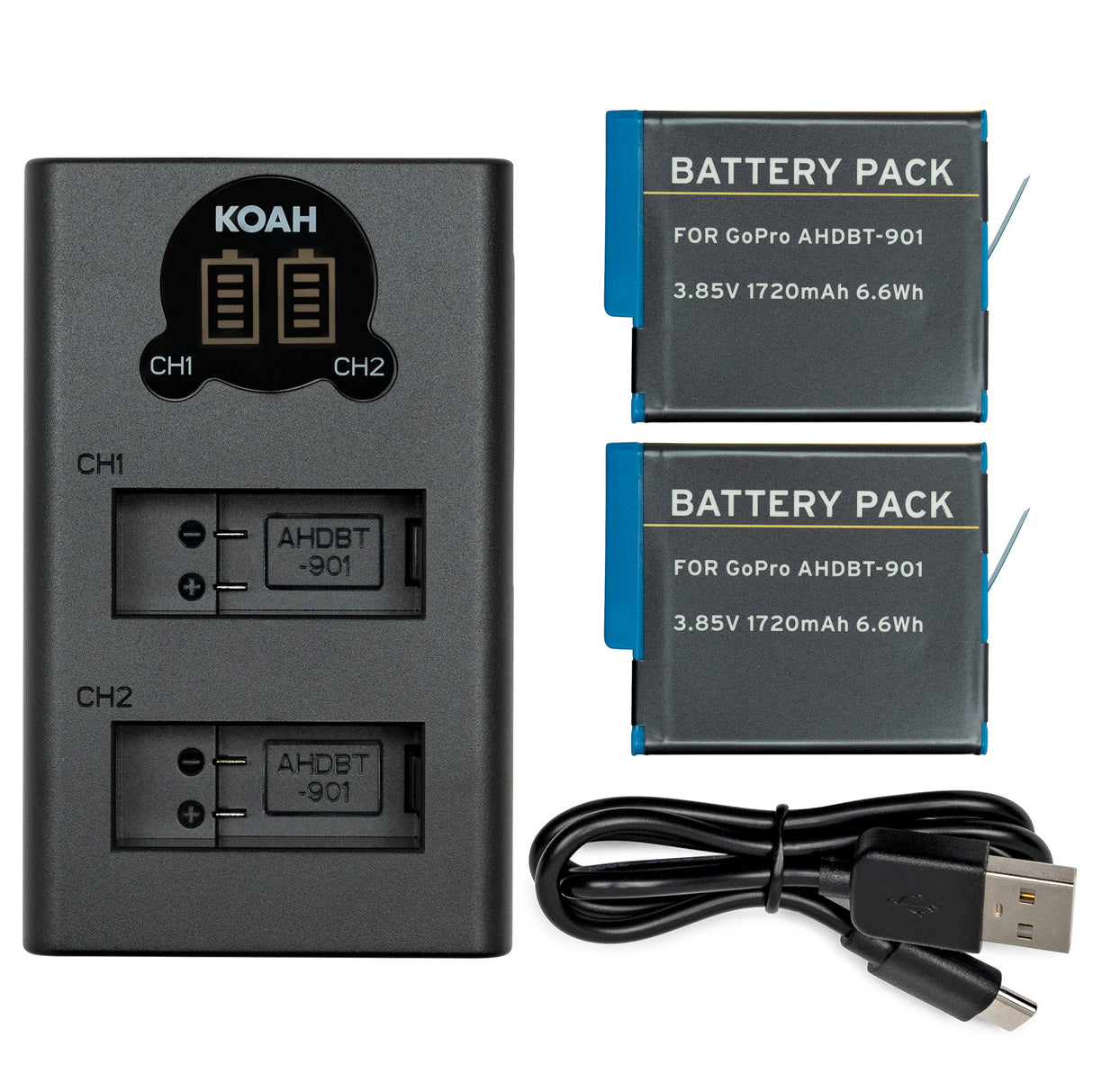 Koah Dual Battery LCD Charger and 2-Pack Battery Kit for GoPro HERO10/9 Black