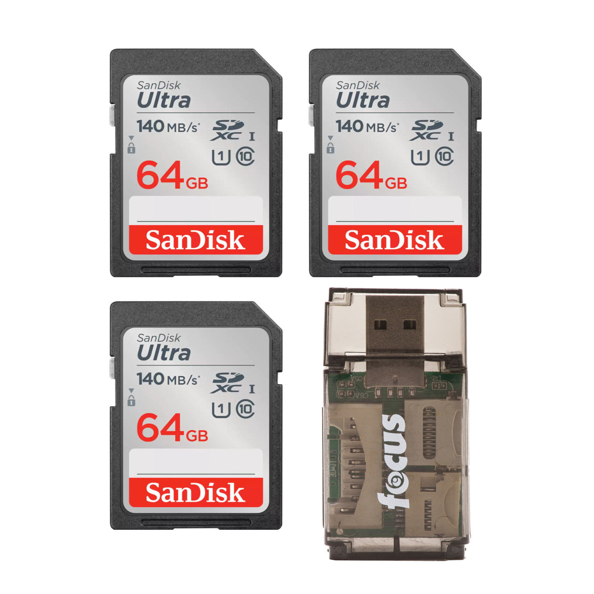 SanDisk 64GB 140 MB/s SDXC Memory Card (3-pack) with All-In-One Card Reader