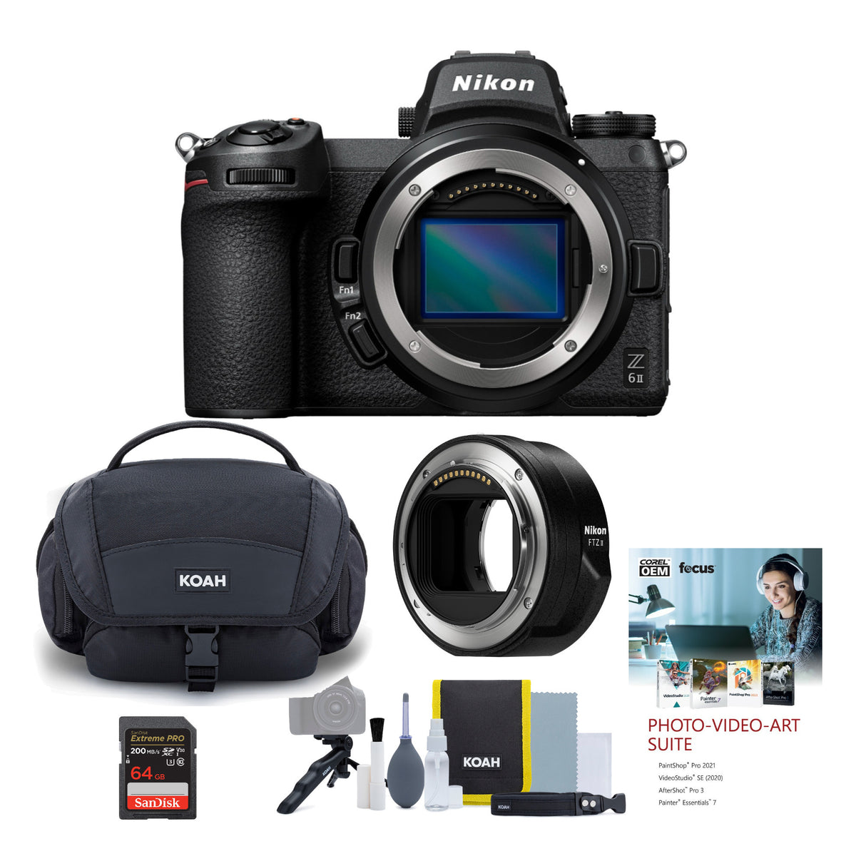 Nikon Z6II Mirrorless Camera Body with FTZ II Adapter, 64GB Card, Bag, Software and Accessories