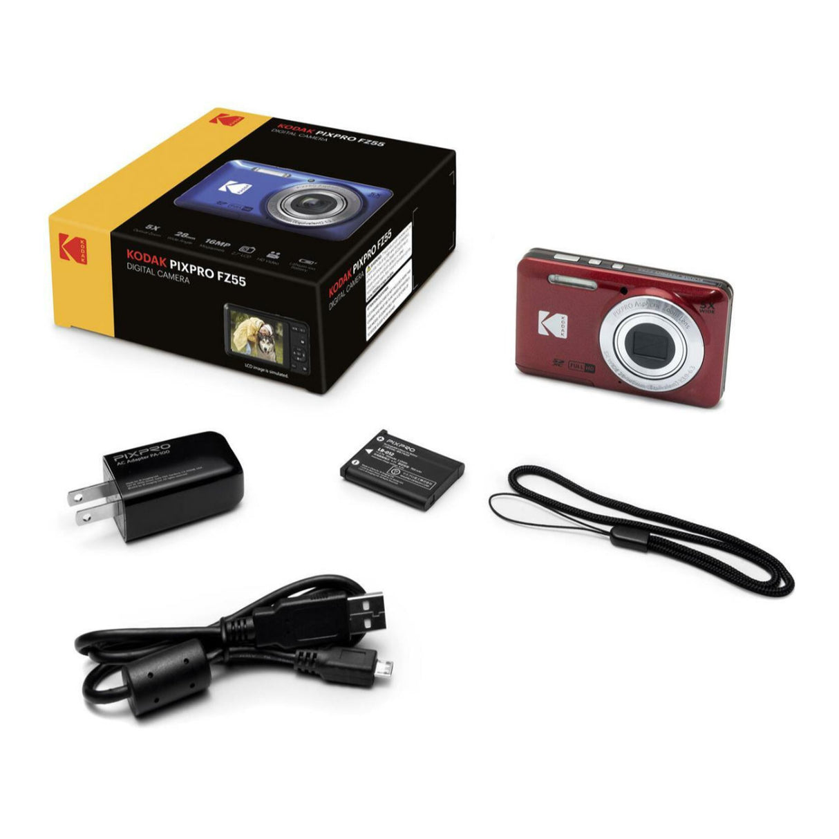 Kodak PIXPRO Friendly Zoom FZ55 Digital Camera (Red) with Accessories Bundle