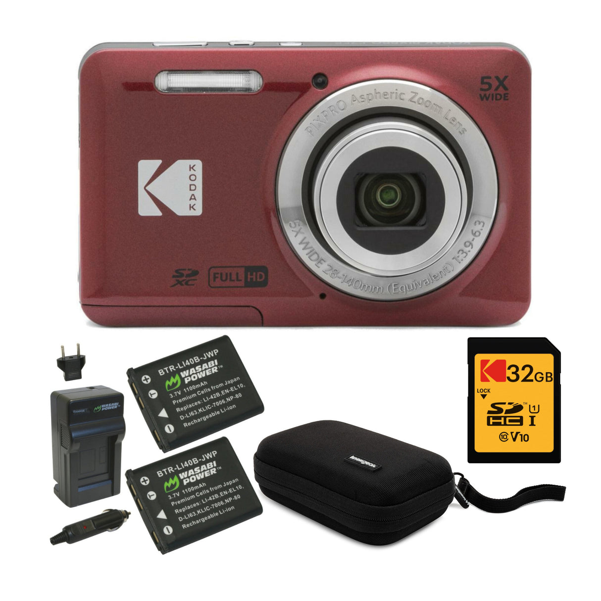 Kodak PIXPRO Friendly Zoom FZ55 Digital Camera (Red) with Accessories Bundle