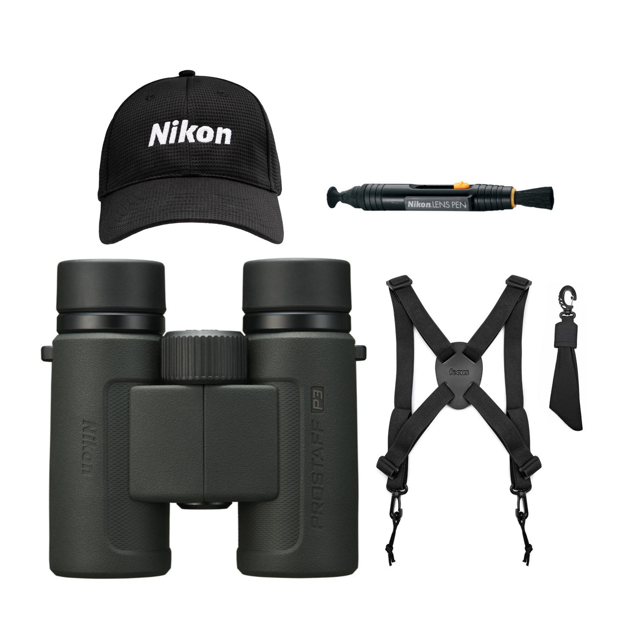 Nikon Prostaff P3 10x30 Binoculars with Adjustable Strap, Lens Cleaning Pen, and Nikon Hat