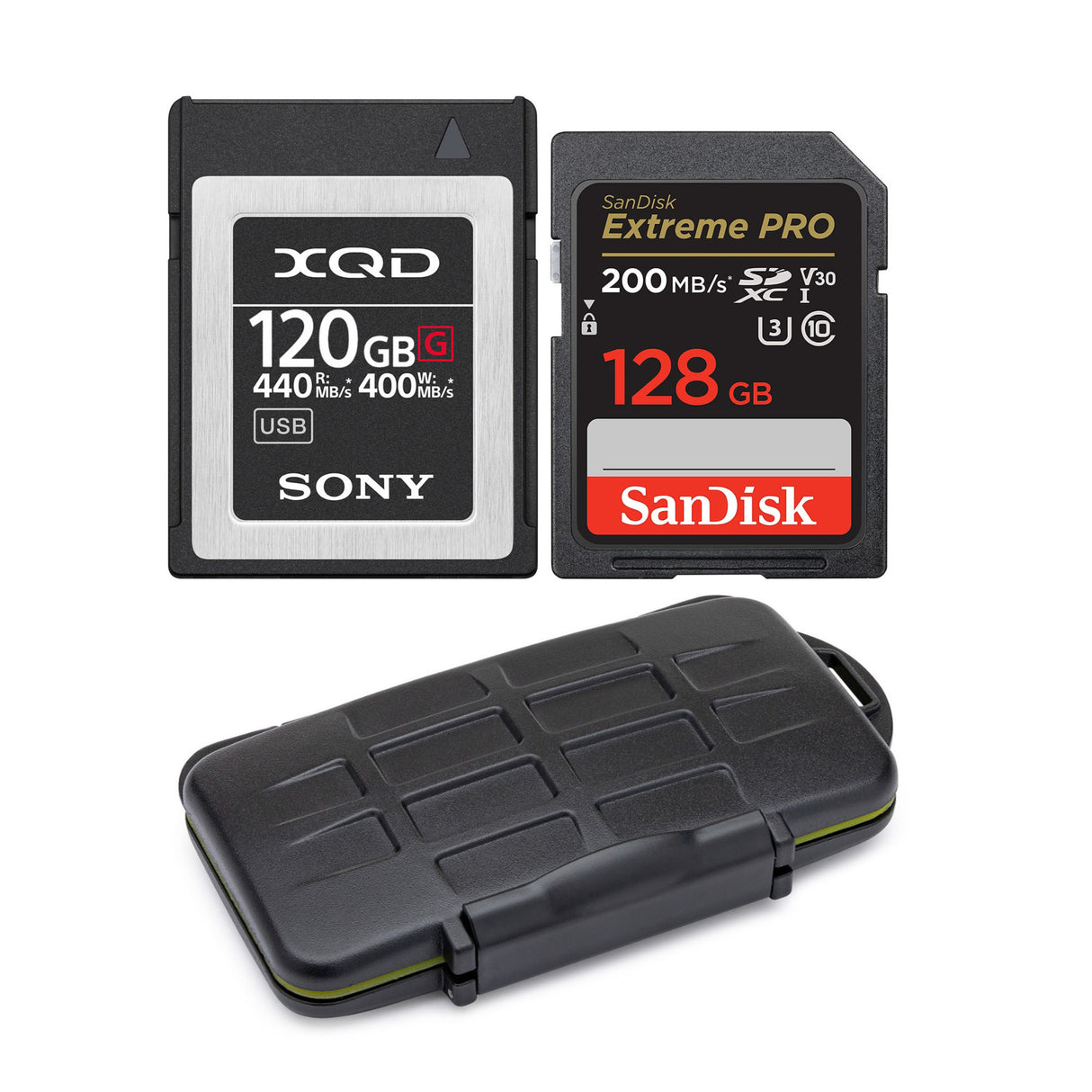 Sony 120GB XQD G Series Memory Card with 128GB SDXC 200MB/s Memory Card and Memory Storage Case