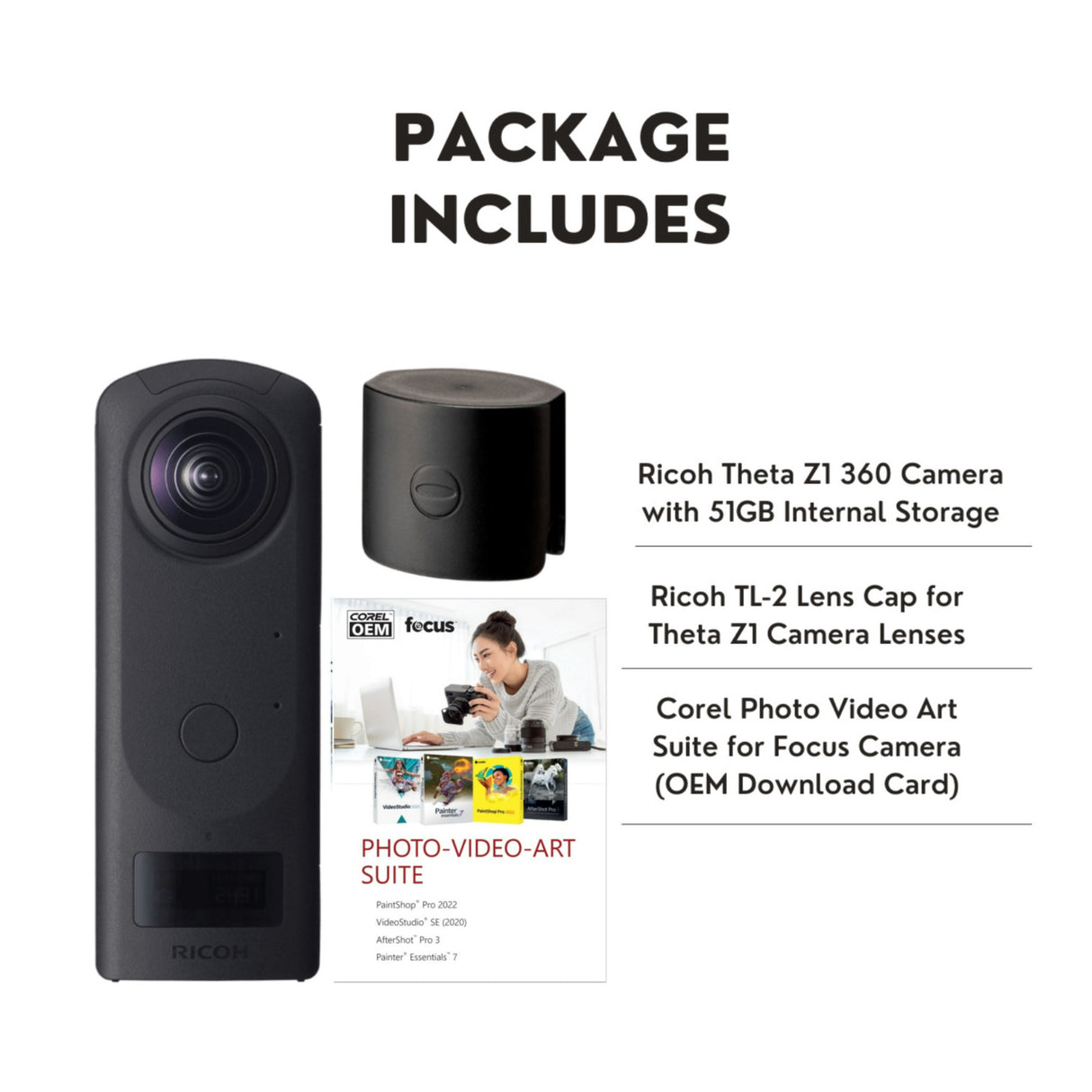 Ricoh Theta Z1 360 Camera with 51GB Internal Storage with Lens Cap and Corel Art Suite
