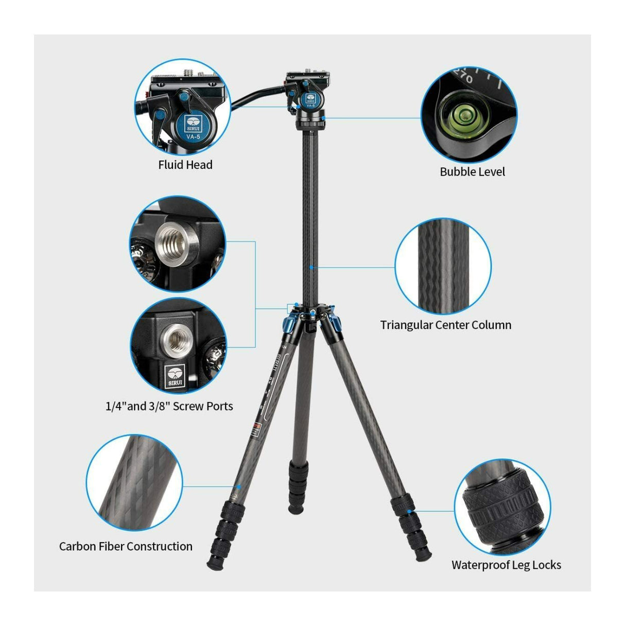 Sirui ST124 VA-5 Carbon Fiber 4 Legs Waterproof 62.2-Inch Travel Tripod with Fluid Video Head