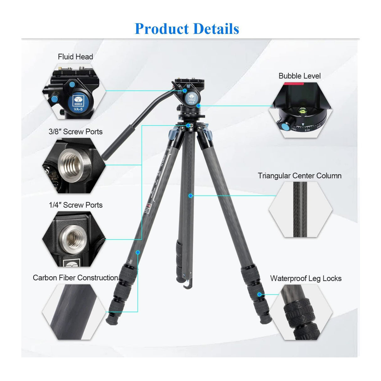 Sirui ST224 VA-5 Carbon Fiber 4 Leg Waterproof Dustproof 72-Inch Travel Tripod with Fluid Video Head