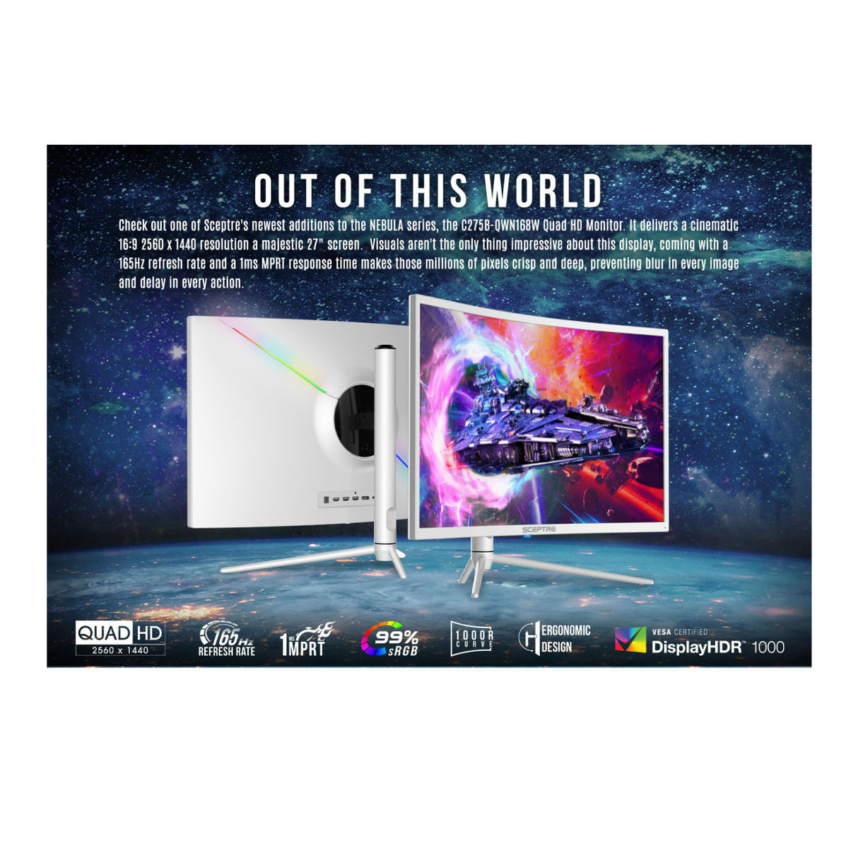 Sceptre 27-Inch Curved Nebula Series 16:9 2560x1440 165Hz Refresh Rate Gaming Monitor (White)