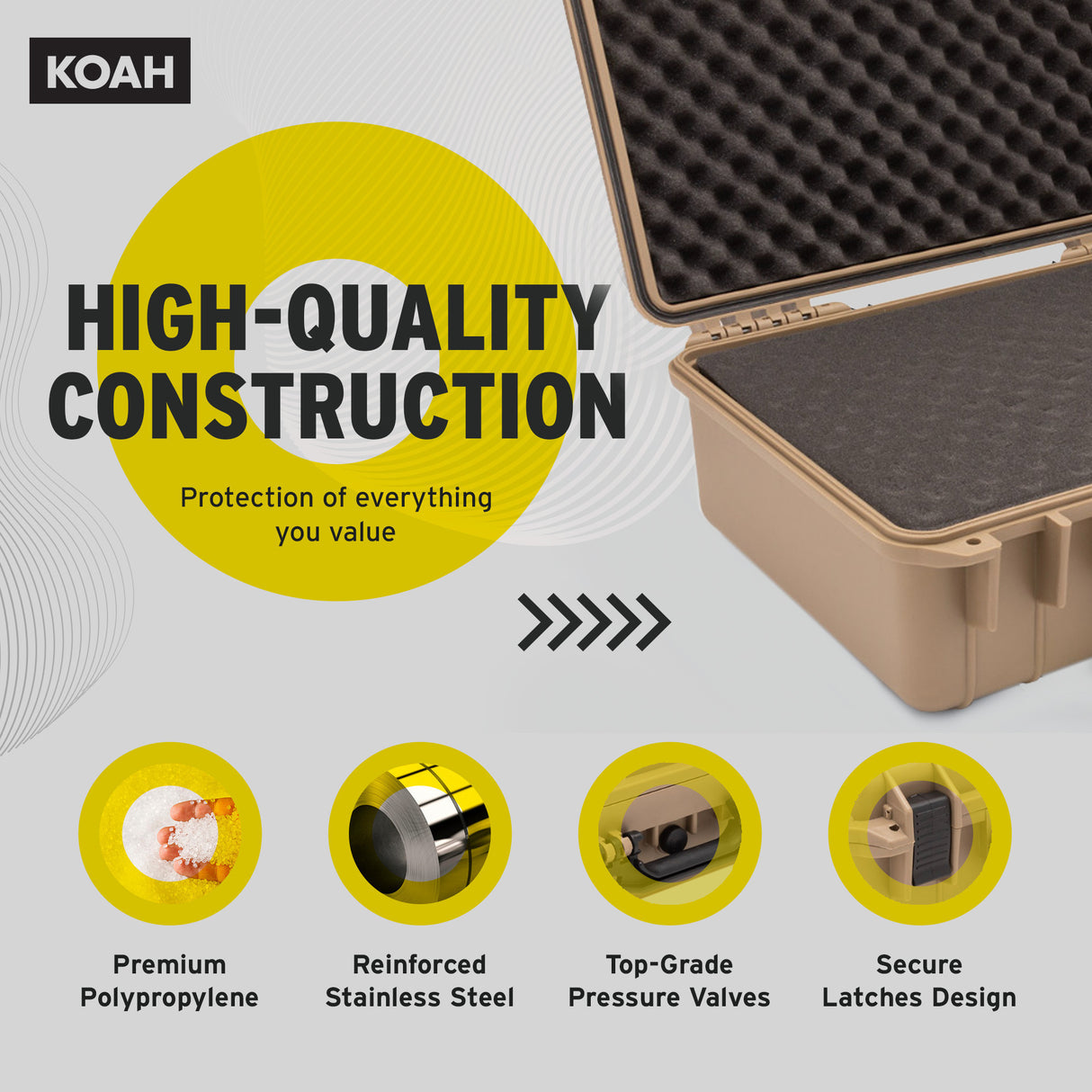 Koah Weatherproof Hard Case with Customizable Foam (18 x 14 x 7 Inch) - Tan
