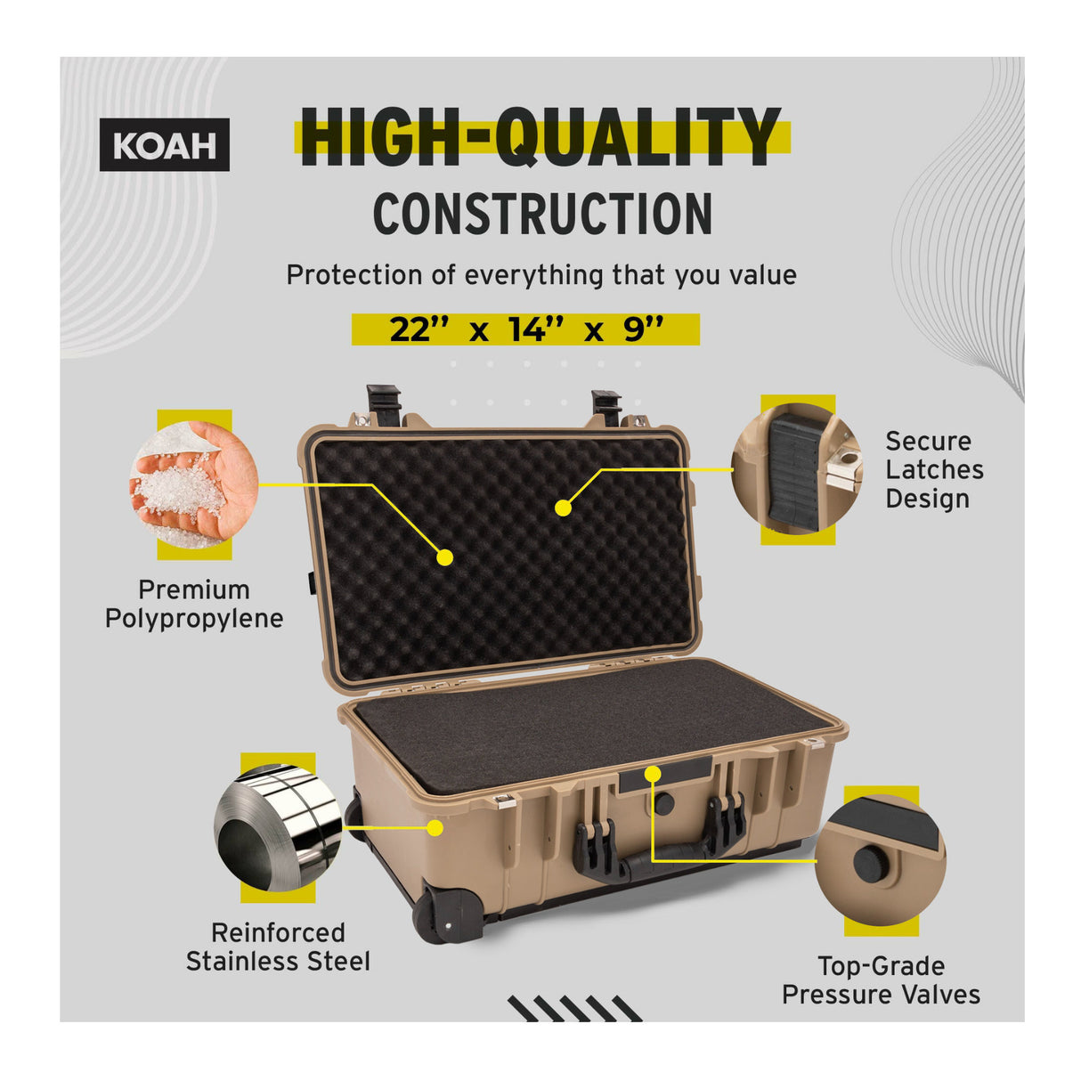 Koah Weatherproof Wheeled Hard Case with Customizable Foam (22 x 14 x 9 Inch) - Tan