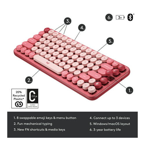 Logitech POP Keys Wireless Mechanical Keyboard with Emoji Keys Heartbreaker Rose