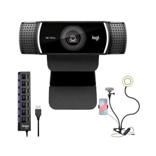 Logitech C922 Pro Stream Webcam 1080P Camera with USB Hub and Selfie Ring Light Bundle