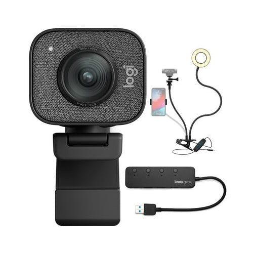 Logitech StreamCam Plus Webcam with Tripod (Graphite), USB Hub, and Ring Light