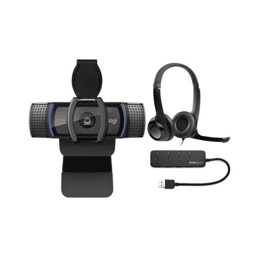 Logitech C920S Pro HD Webcam with H390 USB Headset with Noise-Canceling Mic and Knox 4-Port USB Hub