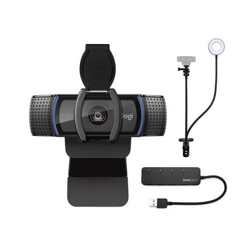 Logitech C920S Pro HD Webcam with Knox Gear Webcam Stand with Selfie Ring Light and 4-Port USB Hub
