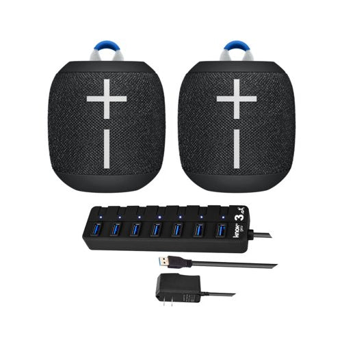 Ultimate Ears WONDERBOOM 2 Portable Bluetooth Speaker Pair (Deep Space) with Knox Gear 7-Port USBHub