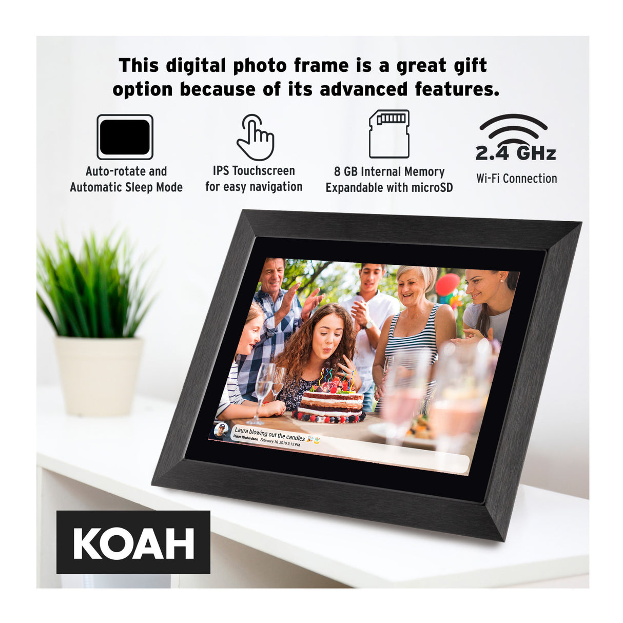 Koah Smart Wi-Fi 10.1" Digital Photo Frame with FRAMEO, (8GB, Black Wood)