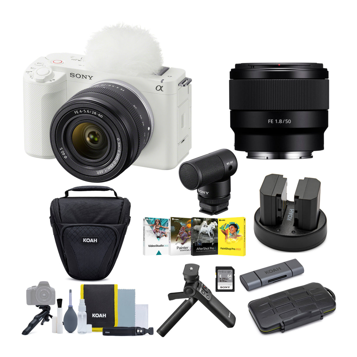 Sony Alpha ZV-E1 Mirrorless Camera (28-60, 50mm Lenses, Accessory Kit, & Shotgun Mic Kit -White)