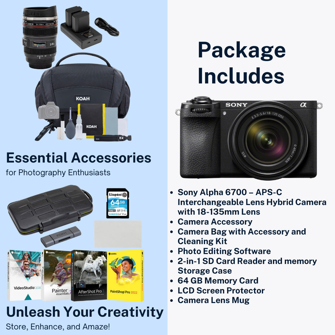 Sony Alpha 6700 APS-C Mirrorless Camera with 18-135mm lens with Mug, Photo Editing Software Bundle