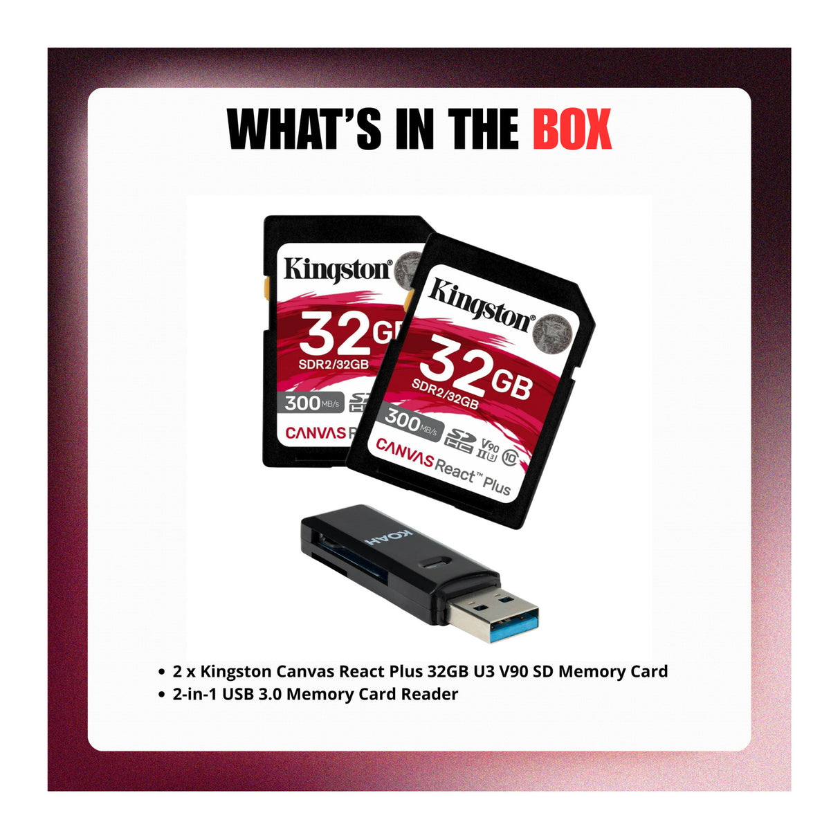 Kingston Canvas React Plus 32GB U3 V90 SD Memory Card with Card Reader Bundle - 7