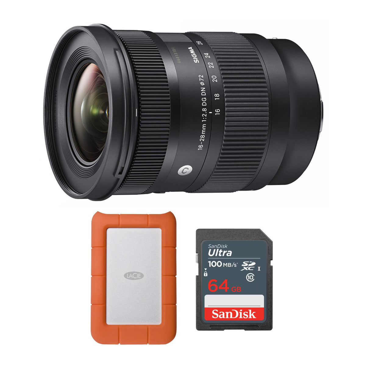 Sigma 16-28mm F2.8 DG DN Lens for L Mount with External Hard Drive, and Memory Card