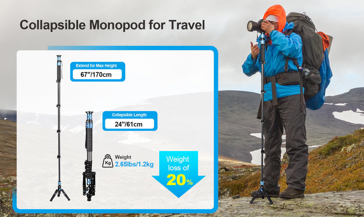 SIRUI 5-Section 67-Inch Carbon Fiber Flexible Monopod with Quick Release Plate and Anti-Slip Handle