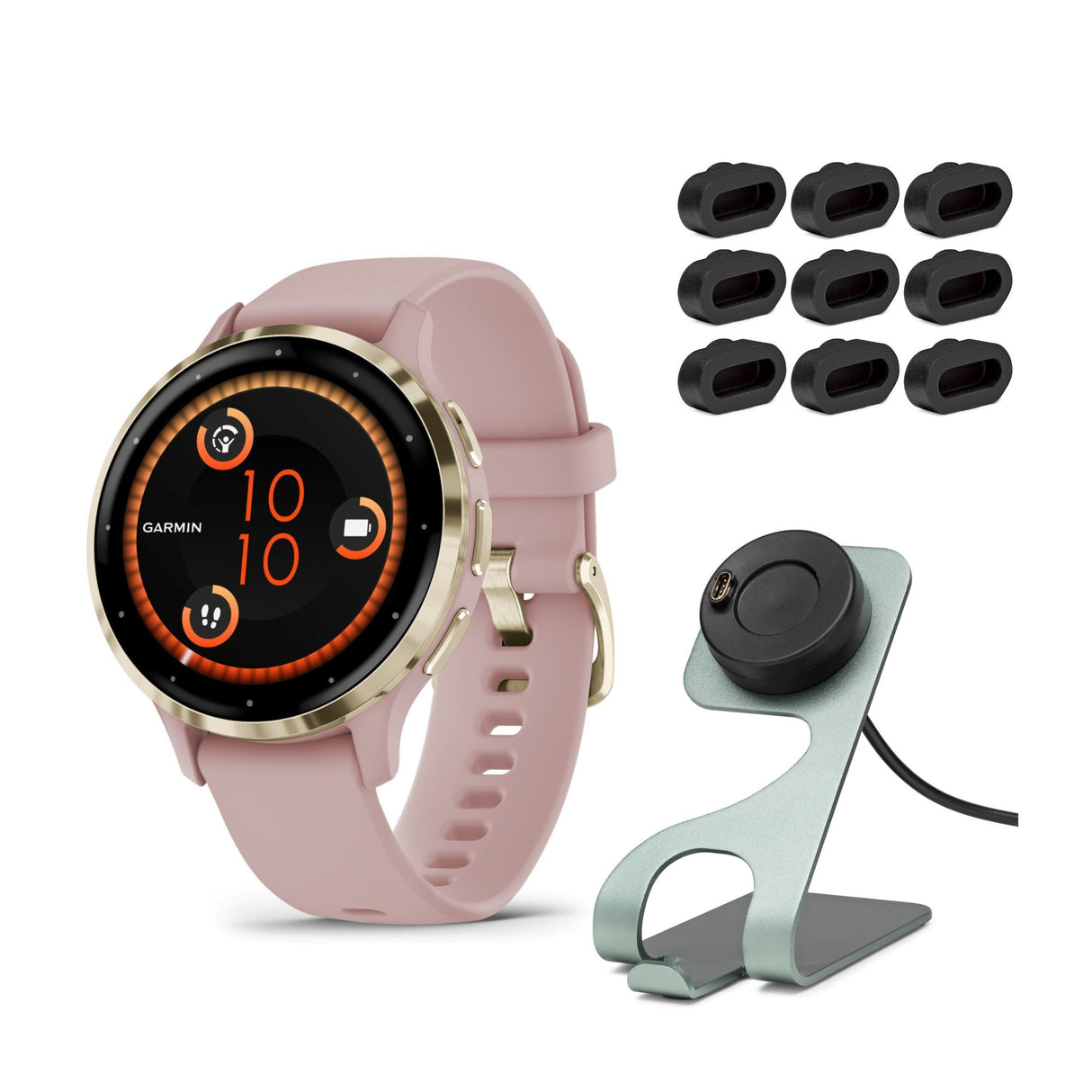 Garmin Venu 3S Smartwatch (Soft Gold/Dust Rose) with Charging Stand and Port Plugs
