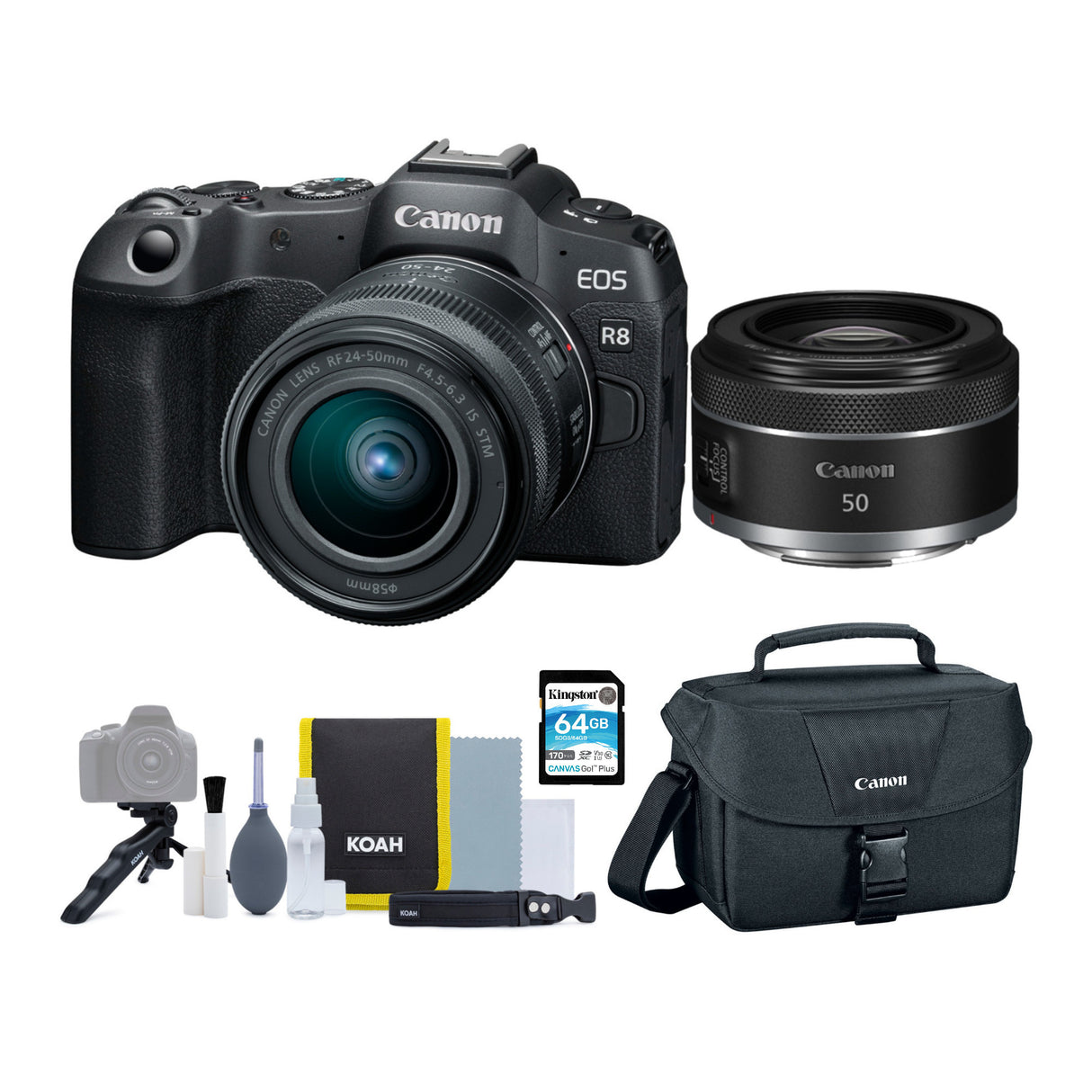 Canon EOS R8 Mirrorless Camera with RF 24-50mm f/4.5-6.3 and RF 50mm f/1.8 Lenses Bundle