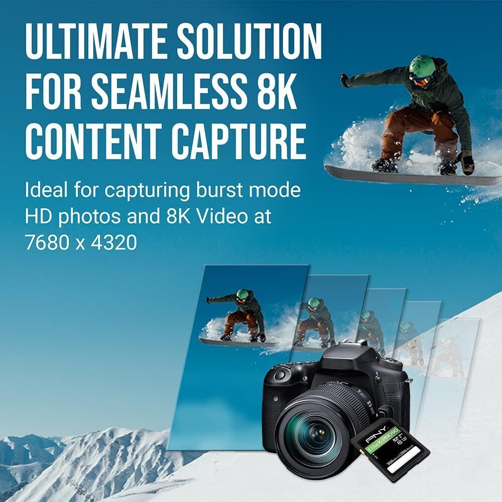 PNY EliteX-Pro 90 Class 10 U3, UHS-II SD Flash 128GB Memory Card for 8K Videography