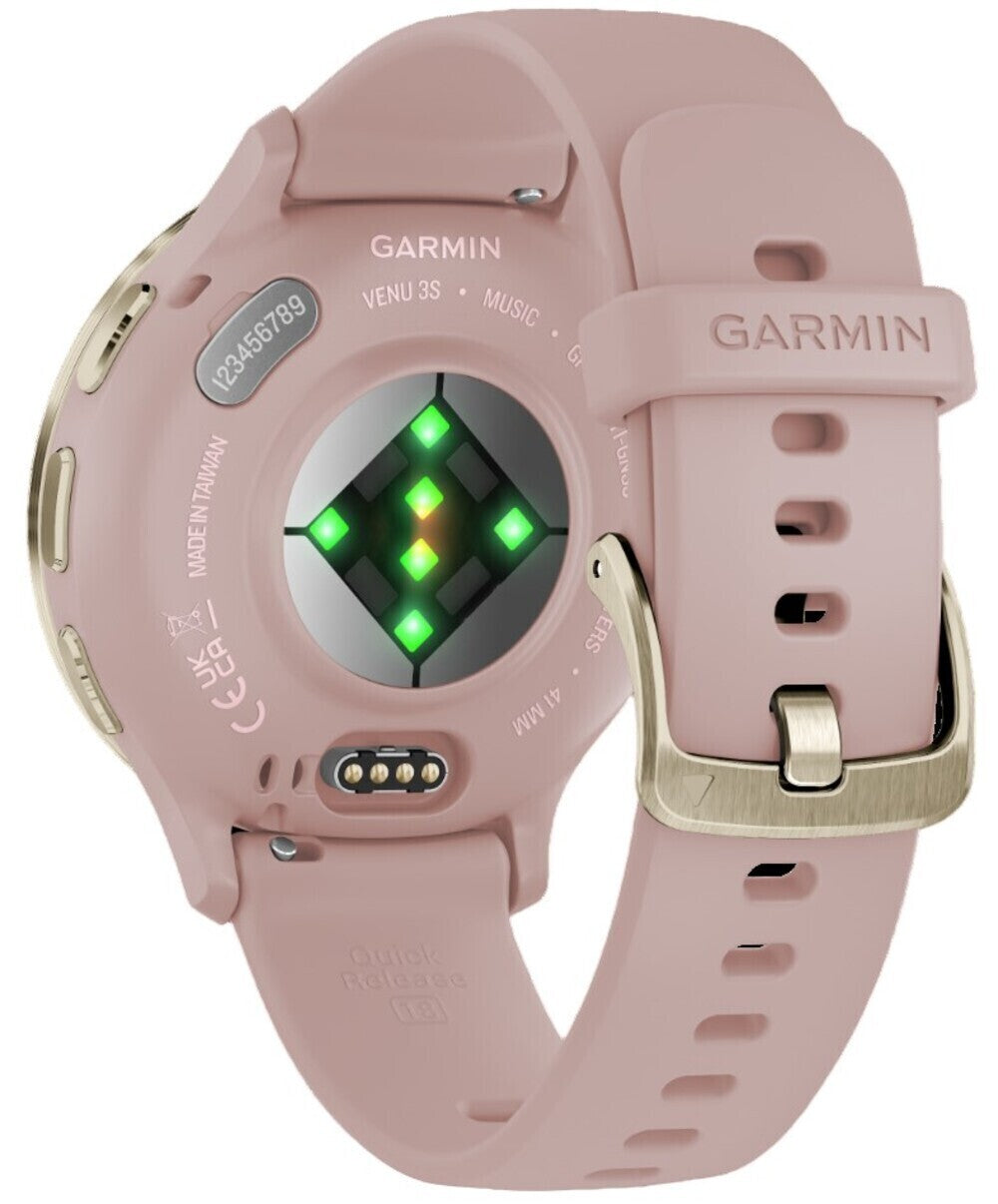 Garmin Venu 3S Smartwatch (Soft Gold/Dust Rose) with Charging Stand and Port Plugs