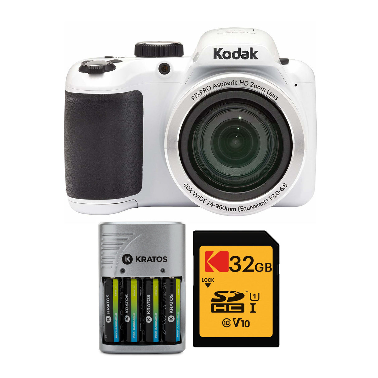 Kodak PIXPRO AZ401 Astro Zoom Digital Camera (White) with 16GB Card and 4 AA Batteries Bundle