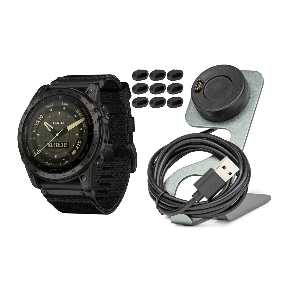 Garmin Tactix 7 AMOLED Edition Smartwatch (Black) with Portable Charger Stand and Port Plugs