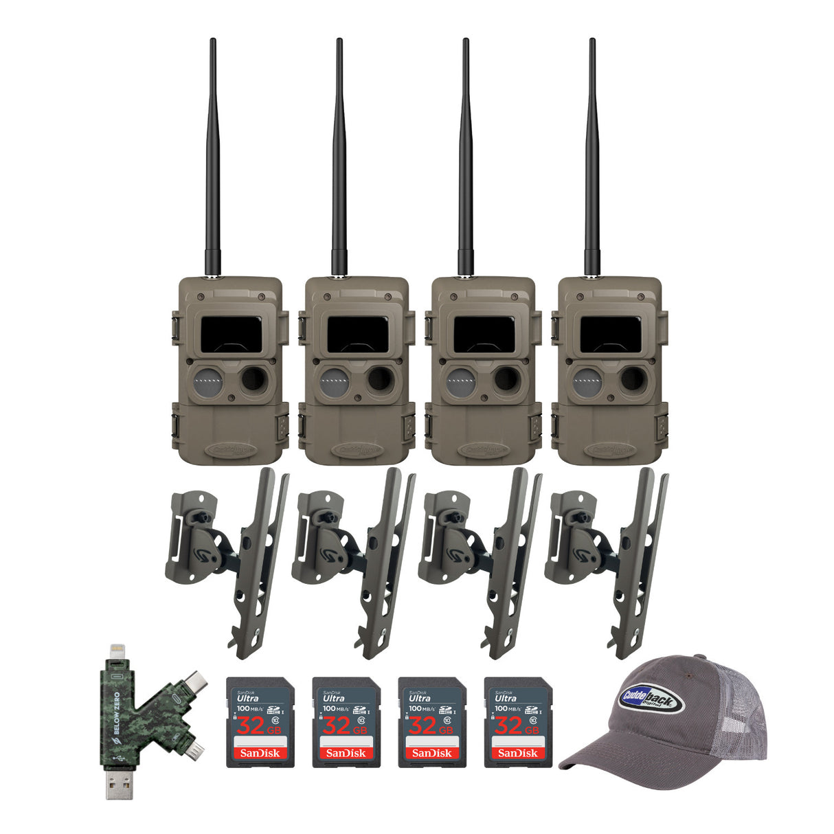 Cuddeback CuddeLink Wireless Trail Camera System with Pan Tilt Lock Mount, SD Card Bundle (4-Pack)