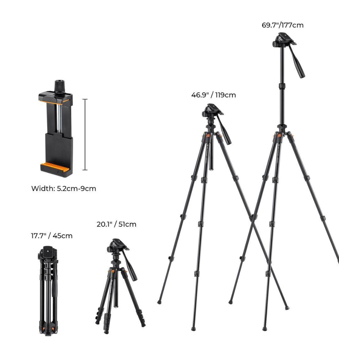 K&F Concept 64-Inch Professional Aluminum Tripod Model K234A0 and Video Head with Phone Holder