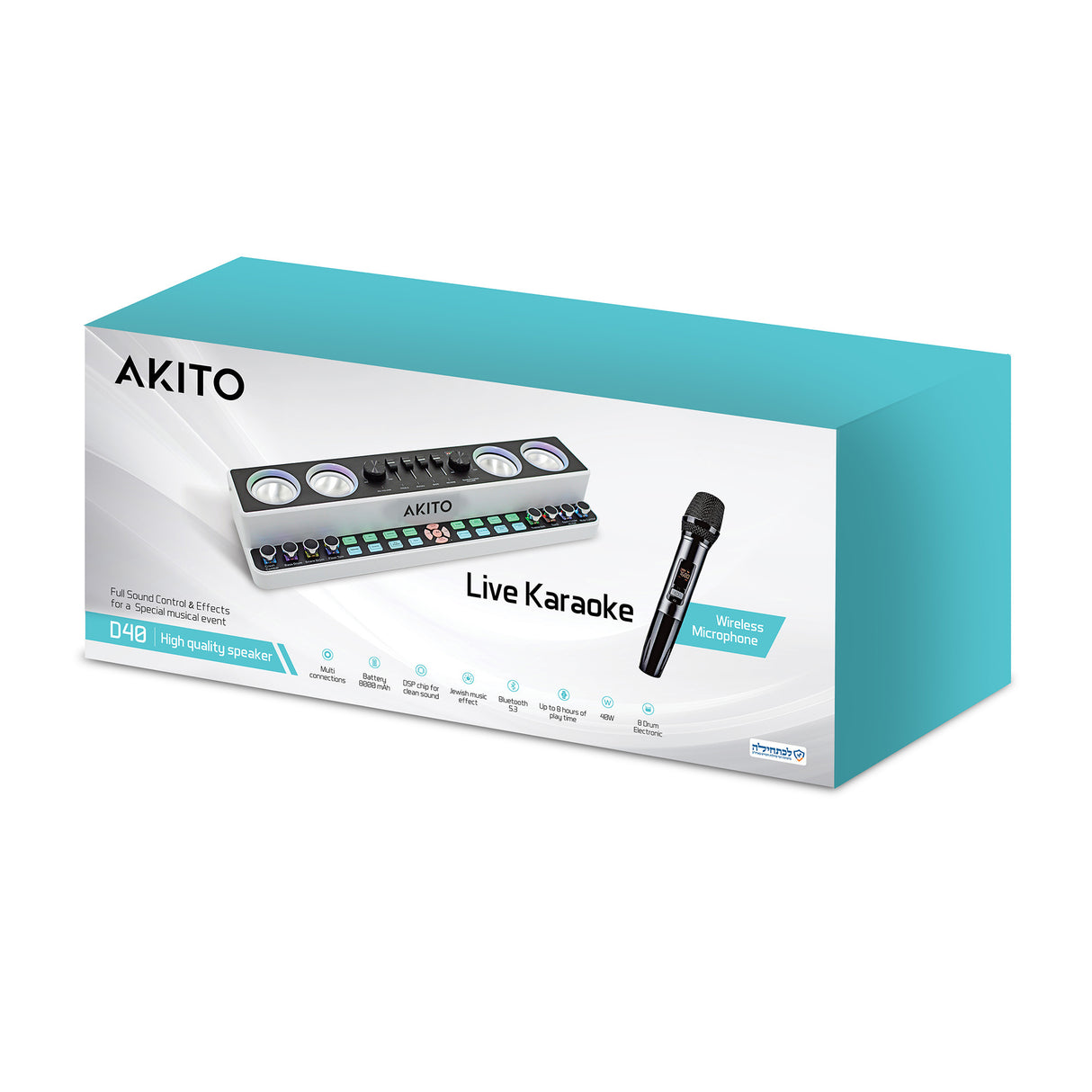 AKITO D40 Live Karaoke - Kosher Karaoke System with Portable 40W Speaker and Wireless Mic