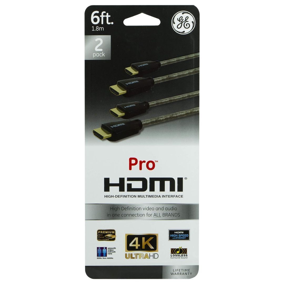 GE Pro Premium 6 Feet High-Speed HDMI Cable with Built-In Ethernet for 4K UltraHD (Silver, 2-Pack)