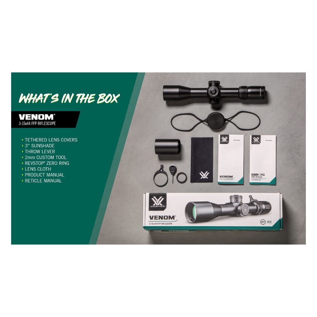 Vortex Venom 3 to 15x 44 FFP Riflescope with Versatile EBR-7C MOA Reticle and RevStop Zero System