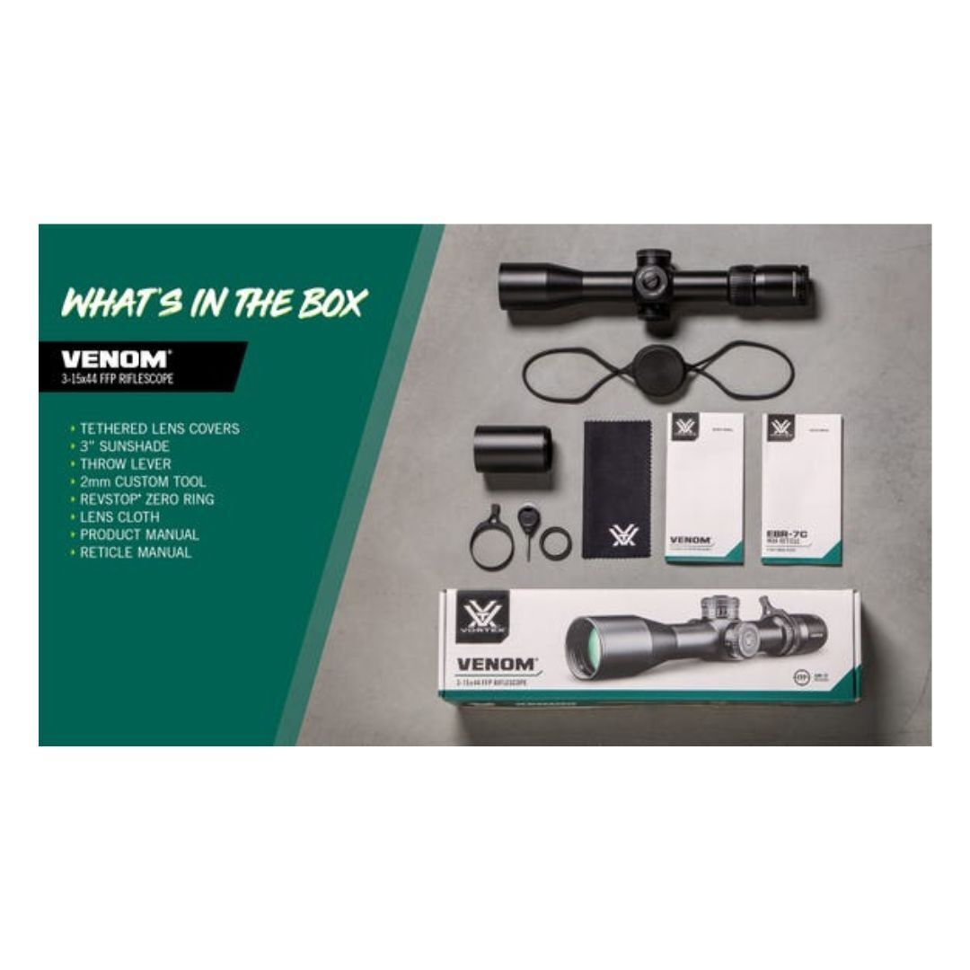 Vortex Venom 3 to 15x 44 FFP Riflescope with Versatile EBR-7C MRAD Reticle and RevStop Zero System